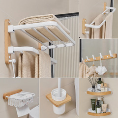 High-quality hole-free solid wood style birch wood white bath towel rack and holder set corner shelf toilet brush