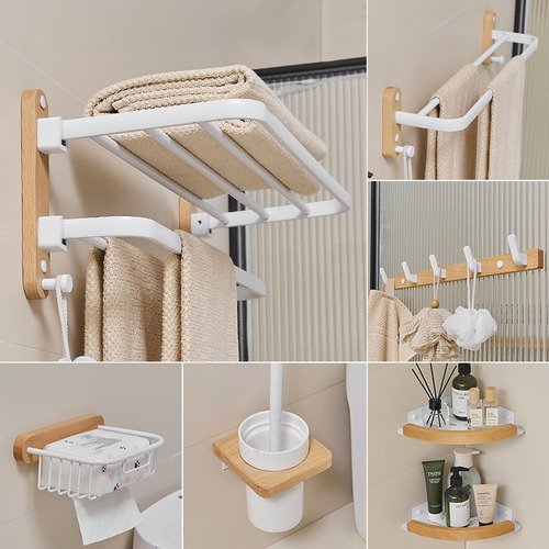 High-quality hole-free solid wood style birch wood white bath towel rack and holder set corner shelf toilet brush