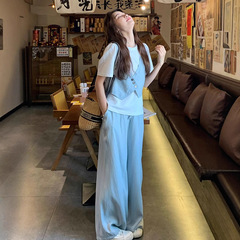 休闲浅蓝色假两件短袖阔腿裤套装女夏季2025新款时尚显瘦两件套潮