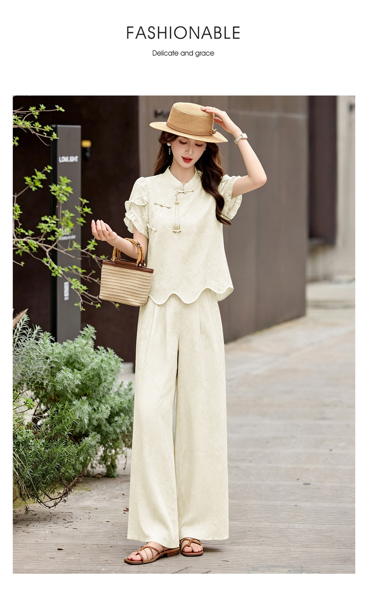 Bộ áo sơ mi họa tiết jacquard kết hợp quần ống rộng cạp thun hai mảnh thời trang — Vàng kem, xanh lá cây chi tiết 19