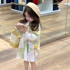 童裝 2024春裝韓版 女童水墨畫印染花朵娃娃領襯裙寬鬆襯衫連衣裙