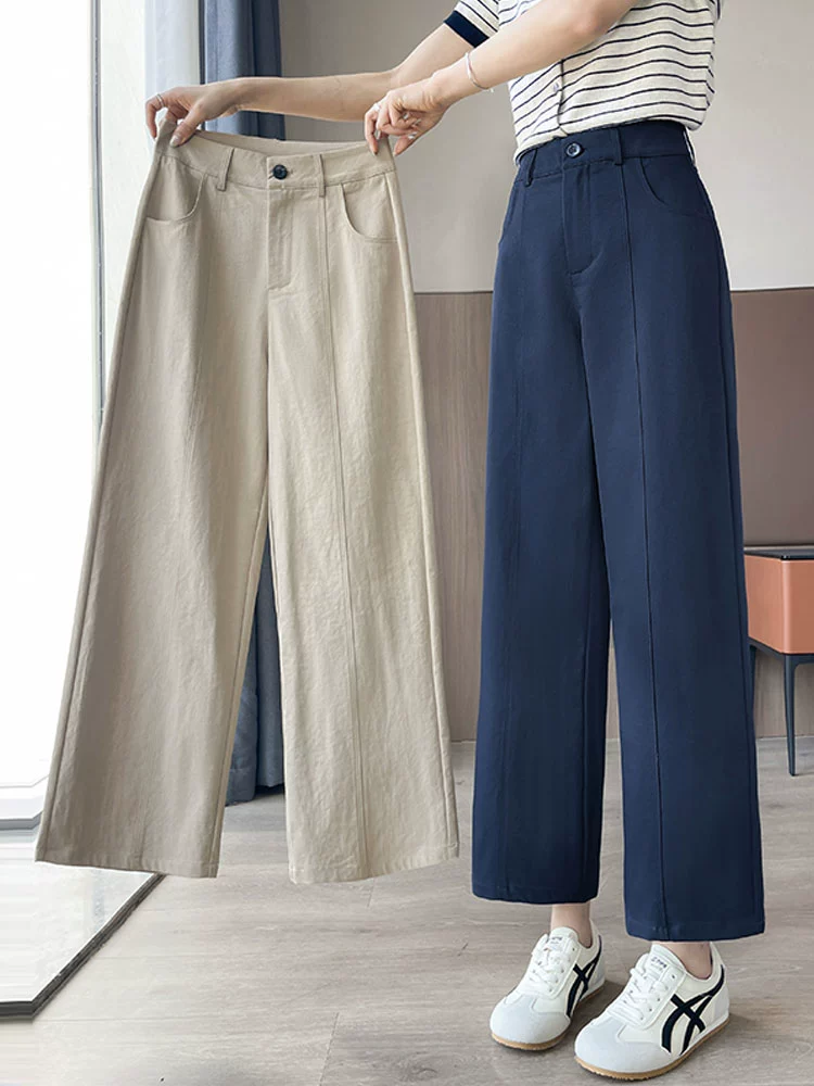 Узкие широкие брюки для женщин, летний тонкий стиль 2025, новые миниатюрные укороченные прямые брюки, крутые повседневные брюки из ледяного шелка.