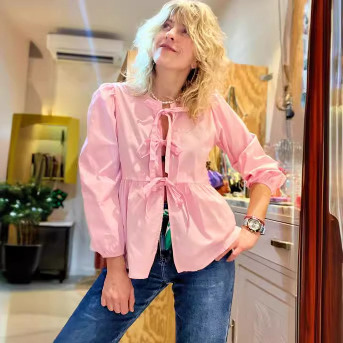 Scandinavian Atmosphere, Sweet Pure Color Puff Sleeves, Age-Reducing Ruffled Long-Sleeved Babydoll Tops for Women