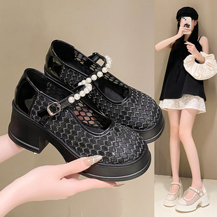 Fairy Style High Heel Mesh Breathable Mary Jane Sandals Leather Shoes Women 2025 Summer Pearl French Small Leather Shoes Wholesale
