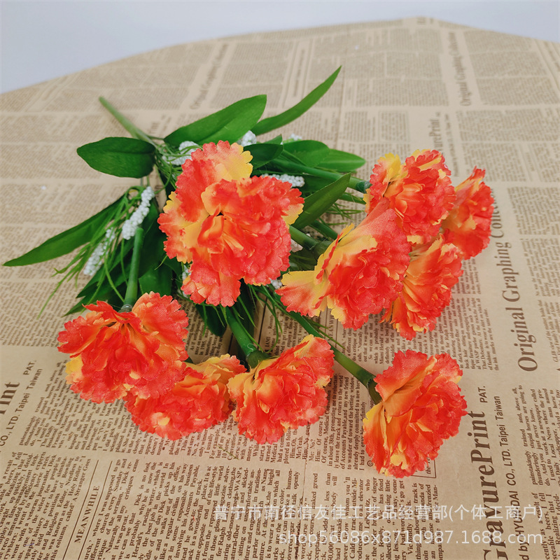 Ramo de simulación de clavel Flores falsas Flores de seda Flores secas Decoración de la sala de estar Decoración de la mesa de comedor Flores decorativas Plástico Día de la madre