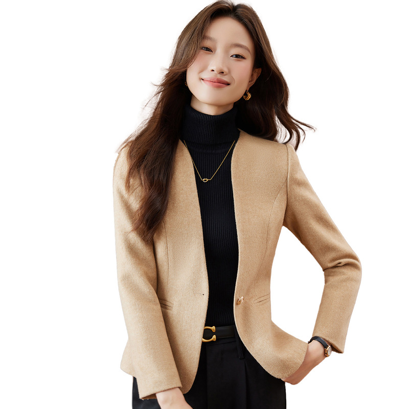 绵羊毛西装外套女2025新款秋冬气质小个子高端毛呢无领小西服上衣|undefined