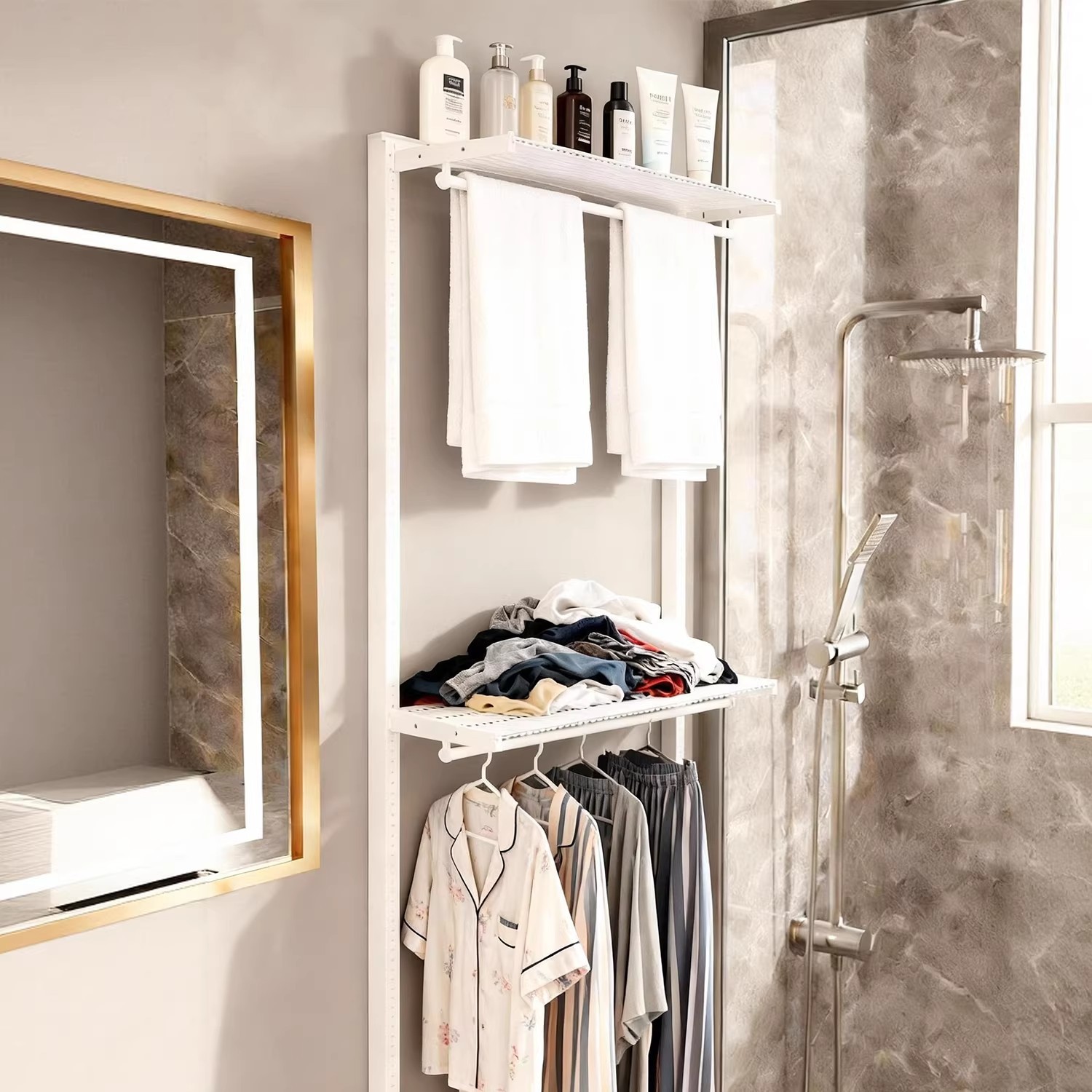 Rack de almacenamiento de baño Rack de toallas de baño Rack de pared Rack de almacenamiento multicapa Rack de secador Gancho de ropa