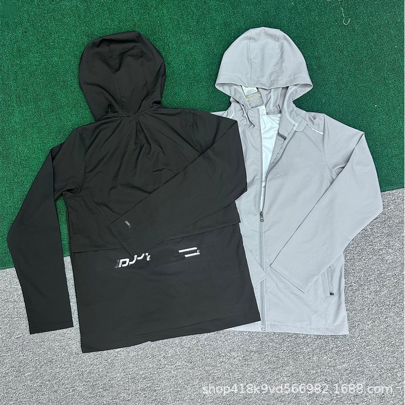 Lightweight outdoor sports jacket for spring, summer, and autumn, suitable for running and training, quick-drying, hooded, solid color, made of ice silk fabric, and provides sun protection