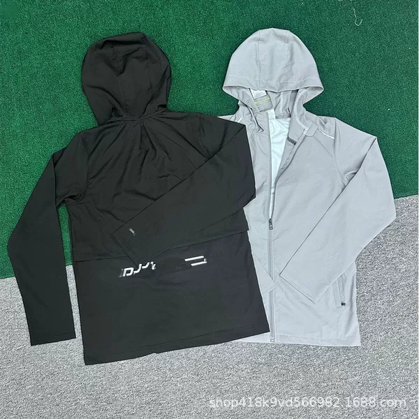 Lightweight outdoor sports jacket for spring, summer, and autumn, suitable for running and training, quick-drying, hooded, solid color, made of ice silk fabric, and provides sun protection