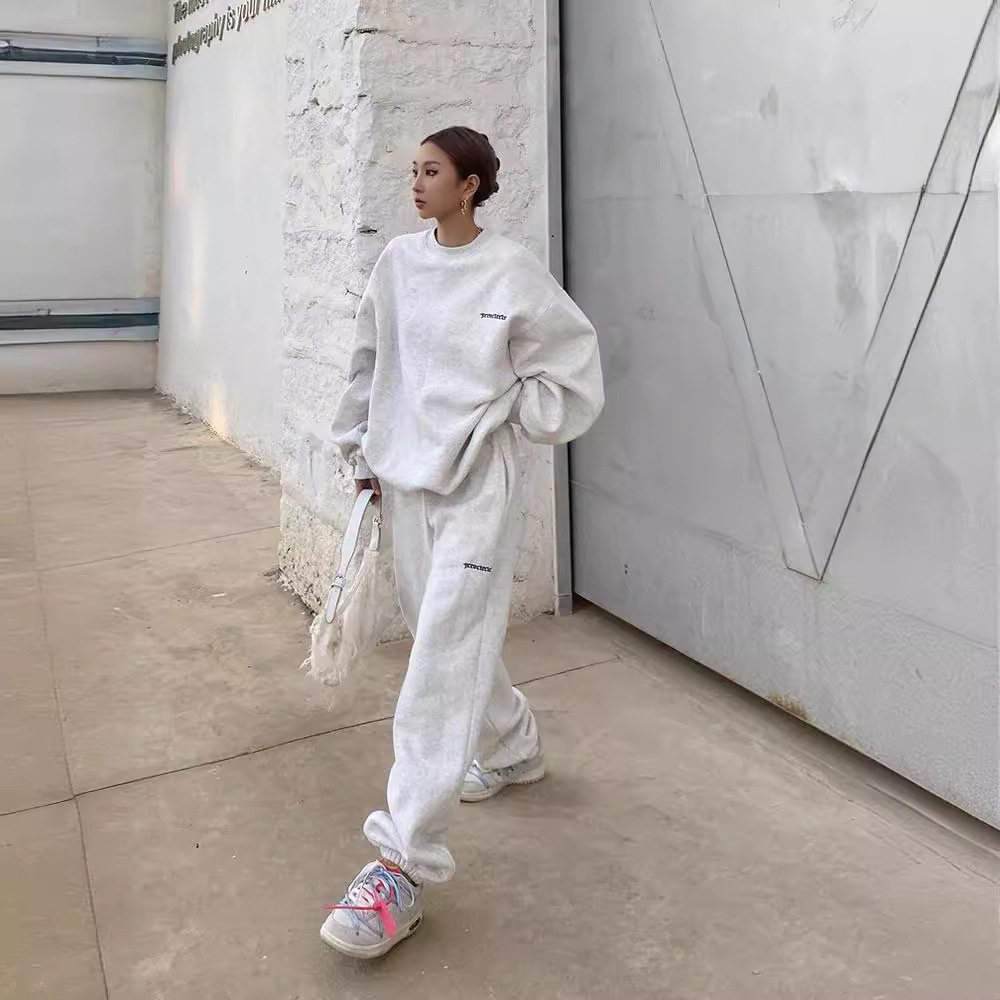 001 American Style Trendy Gray Sweatshirt Set For Women, Spring, Autumn, Winter, Thin Loose Lazy Casual Jogger Pants_voghion.com