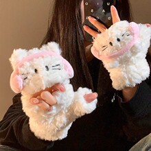 可爱猫咪毛绒半指手套冬季保暖触屏学生卡通防寒