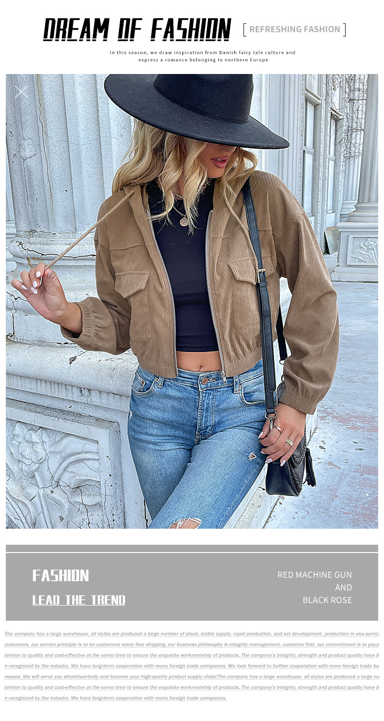 Solid Color Hooded Corduroy Women's Jackets_voghion.com