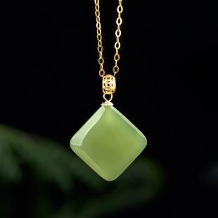Natural old material Hetian Jade Jade square pendant genuine 18K gold inlaid white jade necklace pendant women