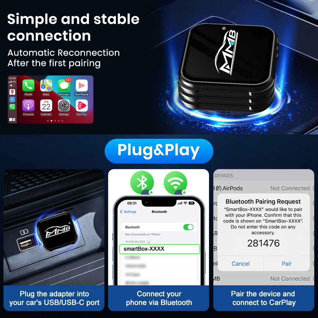 Factory Direct Supply Mmb Mini Wireless Carplay Box Wired to Wireless 2-in-1 Car Connectivity Converter