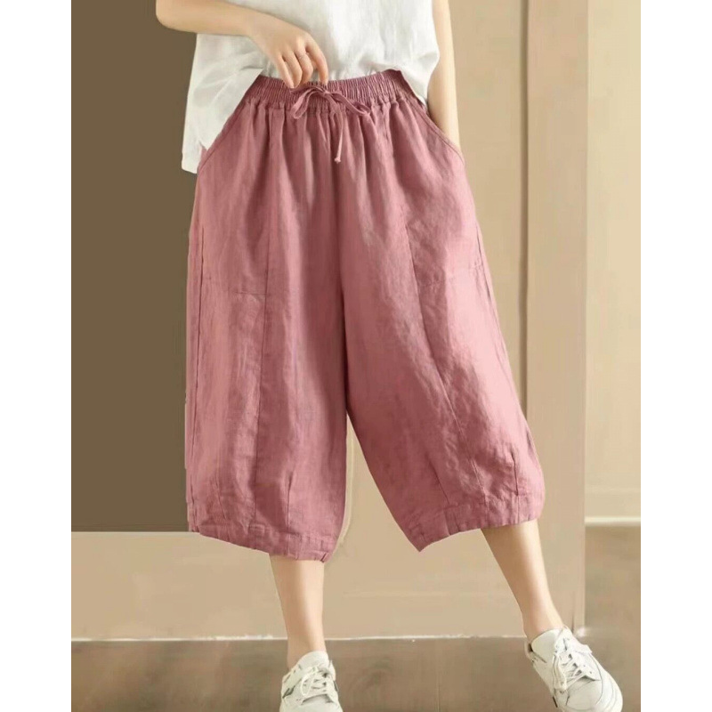 Summer New Large Size Simple Solid Color Wide-Leg Pants Casual Versatile Loose Slimming Pure Linen Cropped Pants for Women