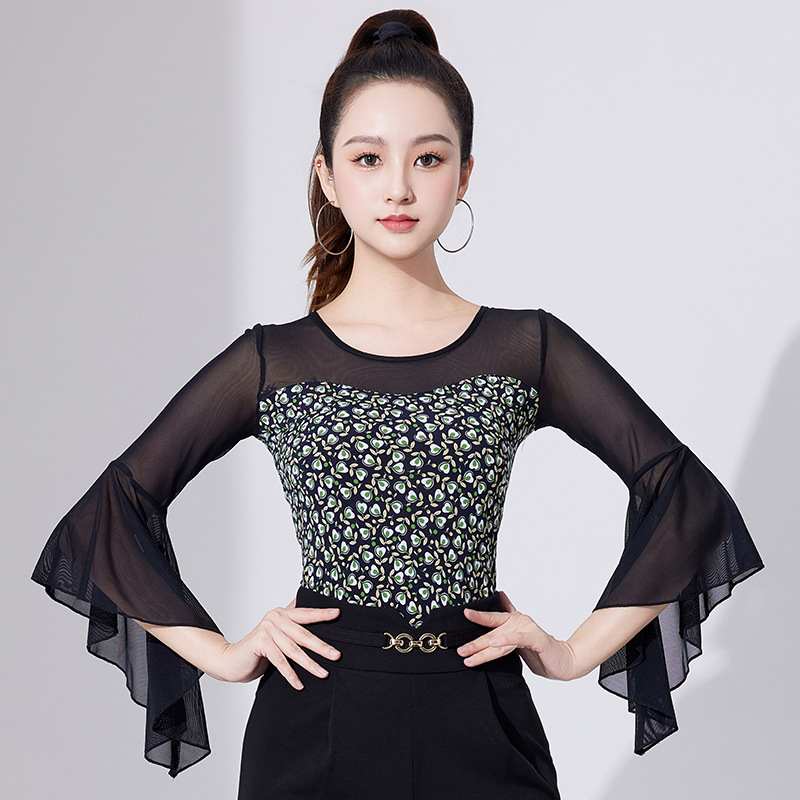 Summer New Fashion Printed Lotus Leaf Middle Sleeve Dancing Clothes Latin Dance Dancing Clothing Mesh Stitching Elegant Sexy