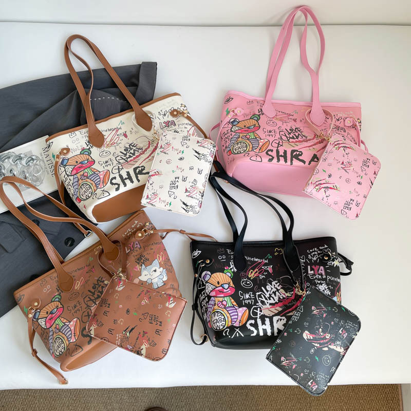 Cute and Stylish New Two-Piece Set with Large Capacity, Cartoon Graffiti Print, Fashionable and Versatile Shoulder Tote Bag for Going Out Cute and Stylish New Two-Piece Set with Large Capacity, Cartoon Graffiti Print, Fashionable and Versatile Shoulder Tote Bag for Going Out