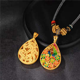 越南沙金女款挂坠仿真金首饰批发 铜镀金古法烧蓝百花朝凤吊坠