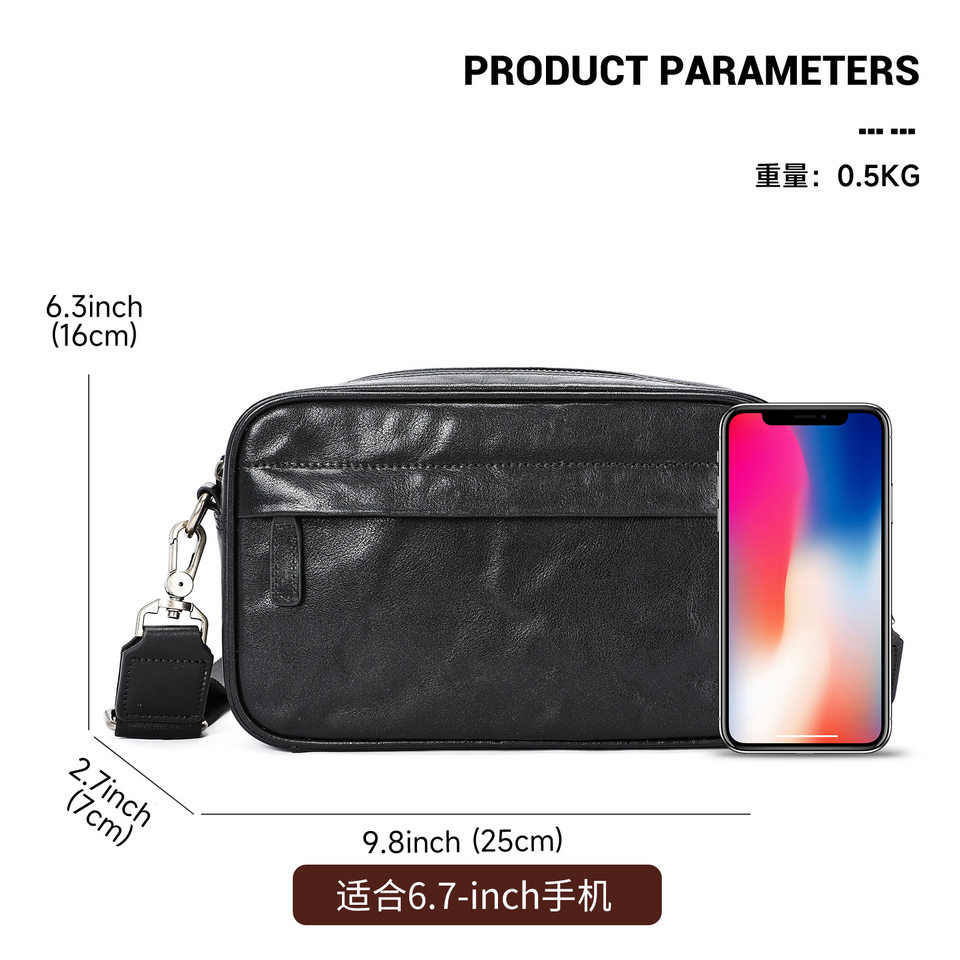 Túi đeo chéo nam da bò thật Marunte kiểu dáng nhỏ gọn, đựng vừa iPad 10 inch — ngang màu đen, Da hoa đen ghép, Mẫu đen ghép, Da thuộc thực vật có hoa cầm tay