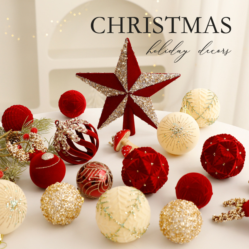 亚马逊热卖圣诞树红色植绒彩绘球 圣诞挂件礼盒套装品圣诞装饰球