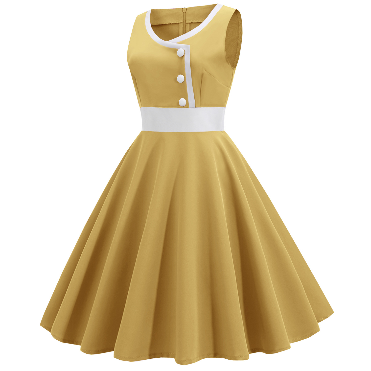  Femmes Hepburn rétro blanc rayure couture fausse simple boutonnage décoratif couleur unie grande jupe_voghion.com