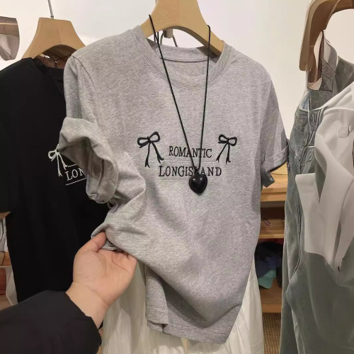 Heavy Industry Embroidered Letter Bow Tie Modal Short Sleeve T-Shirt for Women - Summer Versatile Loose Round Neck Pullover Top Trendy