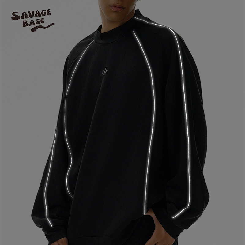 Wildman Base Dark Functional Style Reflective Strip Sweatshirt Spring and Autumn Loose Raglan Sleeve Suede Small Neckline Top