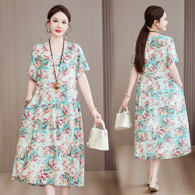 Платье из хлопкового шелка женское лето большой размер темперамент свободный, толстая мама покрывает живот, повседневная цветочная длинная юбка