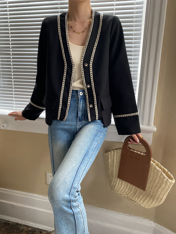 Sinan ハイエンドテクスチャードスタックコントラストカラーウェビングジャケットスモールフレグランススタイルショートスタイル 2024 秋冬スタイル SN2936|undefined