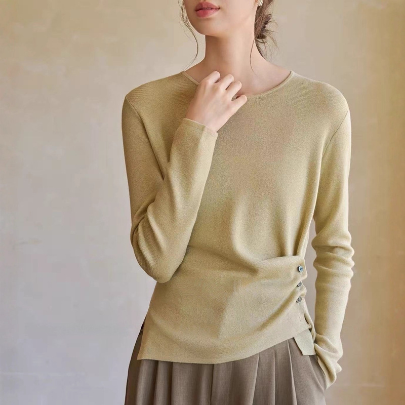 Wool Round-Neck Irregular Pleated Design Hem Long-Sleeve Base Knit Sweater for Women, New for Autumn 2025, Slim Fit