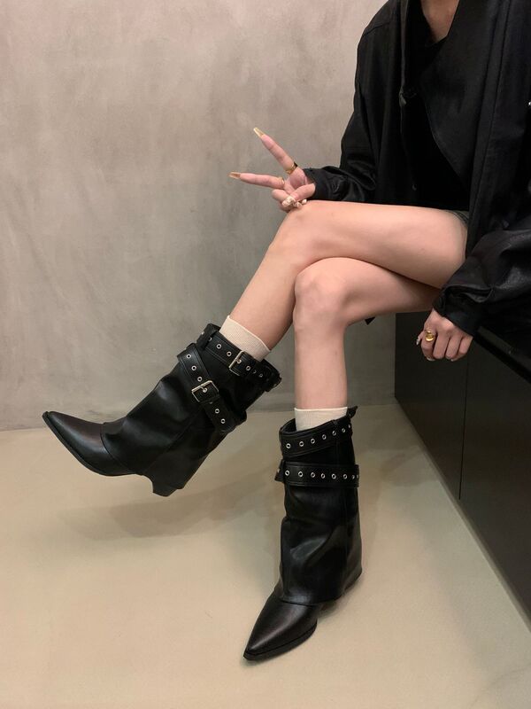 美式辣妹皮带扣裤管靴短筒靴女靴2025早秋新款小众设计短靴西部靴|undefined