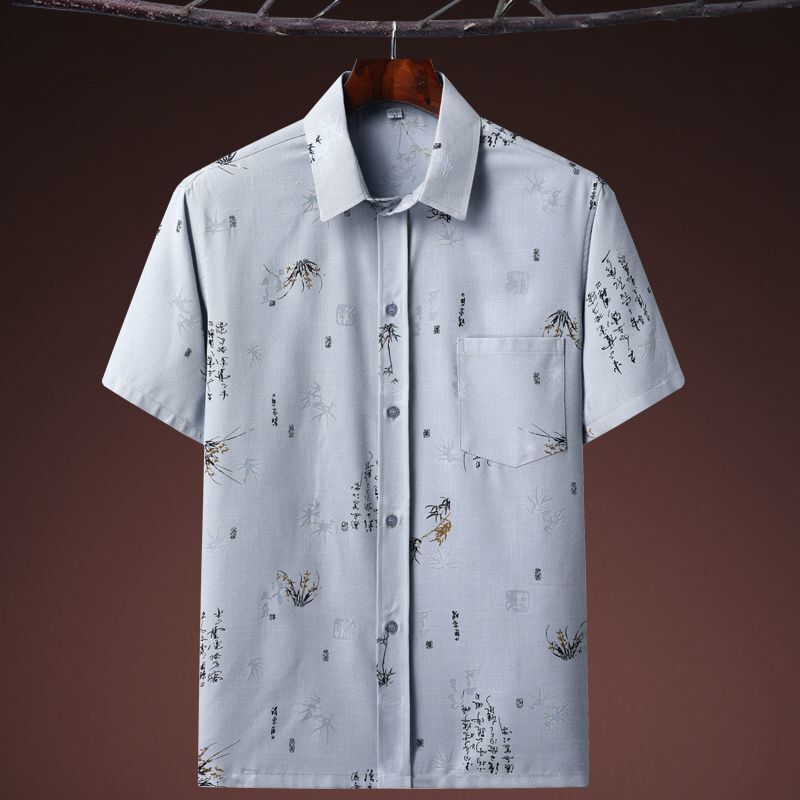 Middle-aged and Elderly Men's plus size Short-sleeved Lapel Shirt Dad Casual Top Summer Chinese Style Shirt Grandpa Thin