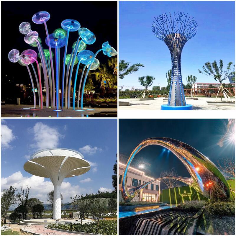 不锈钢亮光雕塑钢结构发光树抽象创意广场镭射膜亮化工程夜景雕塑|ms