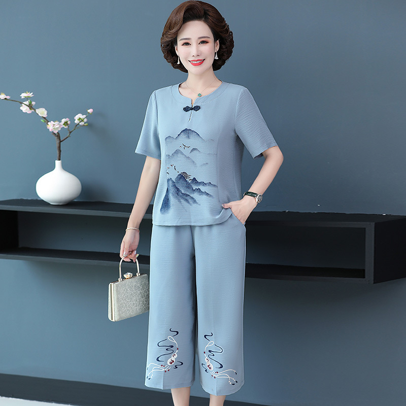 Mother's Day Middle-aged and Elderly Mother's Summer Cotton and Linen Suit Female 50-year-old 60-year-old Grandma's Summer Top Tang Suit Two-piece Set