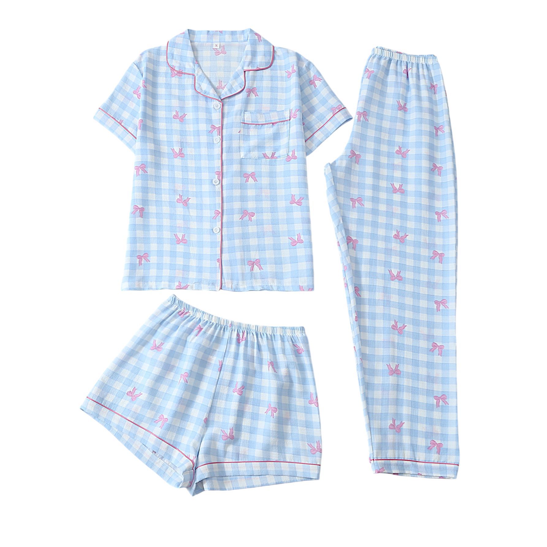 2026 nueva explosión de burbujas transfronterizas pijamas arrugados de manga corta de mujer pantalones cortos pantalones largos transfronterizos set de ropa del hogar al por mayor
