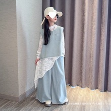 女童套装2025新款秋装不规则蕾丝牛仔马甲阔腿裤秋款洋气三件套