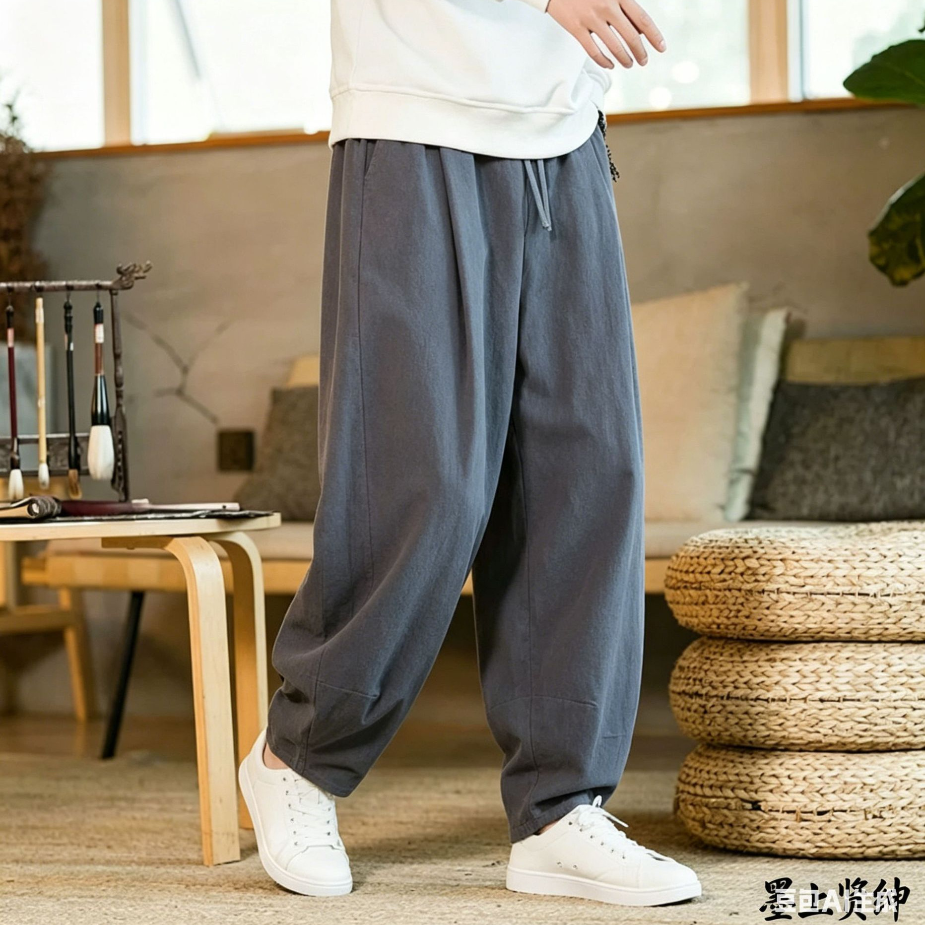Men's Tai Chi Pants, Chinese Style, Autumn/Winter, Fleece-Lined, Martial Arts Training Pants, Wide-Leg Loose Lantern Pants, Cotton Linen Kung Fu Long Pants
