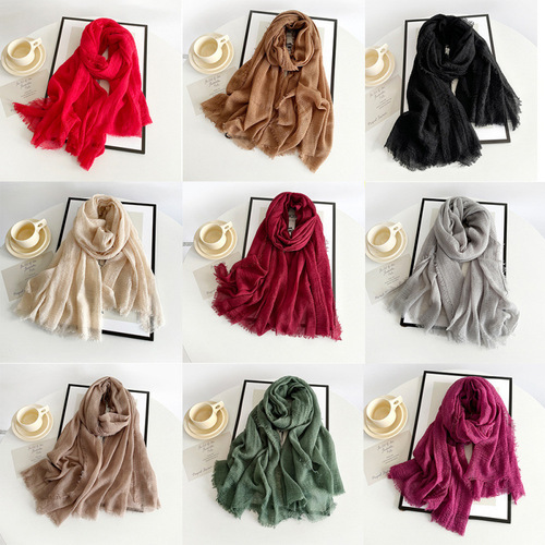 Cross-border cotton and linen scarf for women, new solid color scarf, summer sun protection, breathable shawl, retro rough edge silk scarf