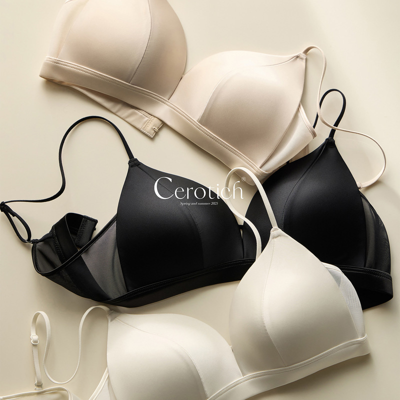 Cerotich French Style Light Triangle Cup Silk Underwear Women's Summer Thin One-piece Non-rimmed Push-up Bra