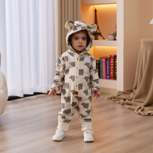 Nordic style long-sleeved outing jumpsuit home wear baby autumn and winter romper hooded warm children's online red wholesale