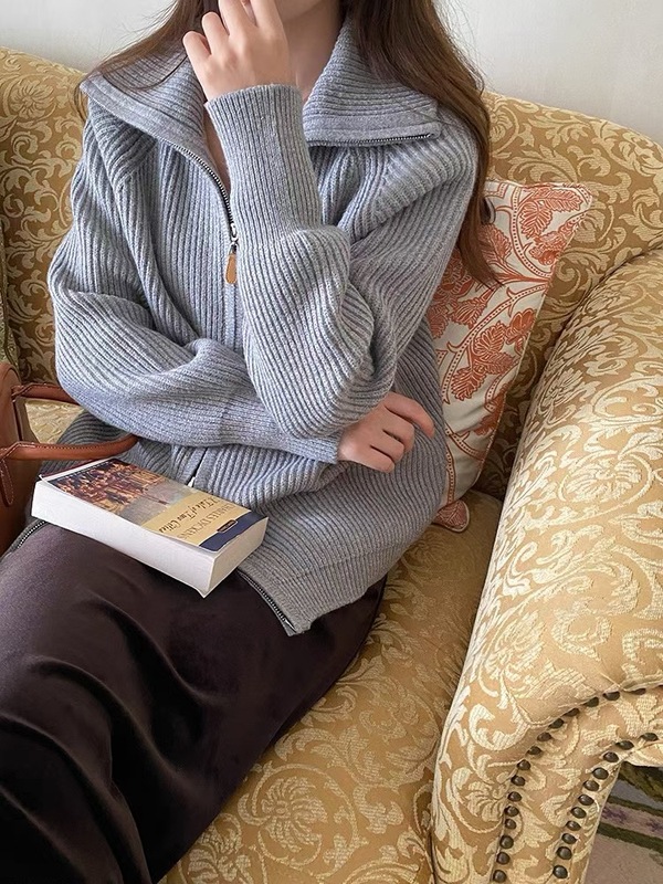 高级感针织外套女2025秋冬新款宽松立领开衫双拉链毛衣女加厚欧码|undefined