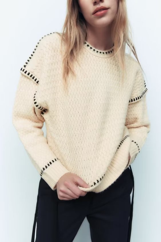 Contrast Color Thread Decorative long sleeve Sweater NSAM138889