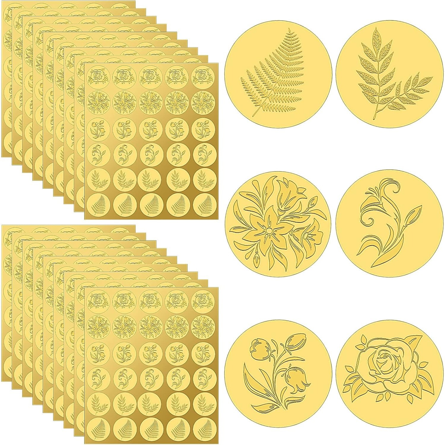 金色浮雕花卉信封贴纸6款定 制婚礼派对装饰