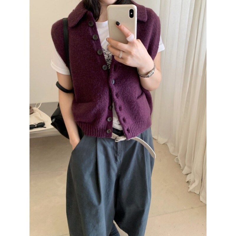 Wood Four Solid Color Knitted Vest for Women, Early Autumn Loose Sleeveless Sweater Vest Cardigan, Layered Shoulder Vest M7458