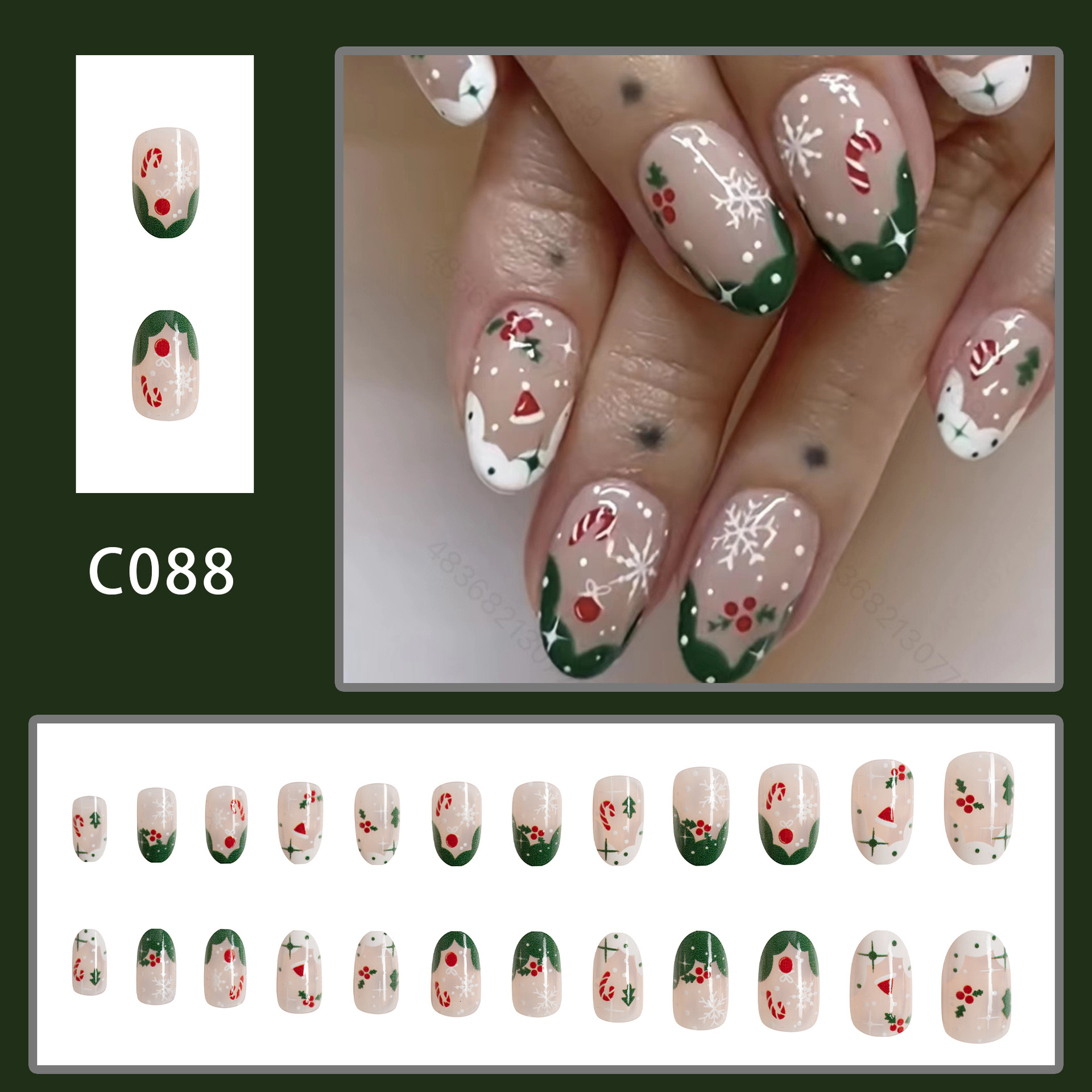 Short Christmas short round nail beauty piece Christmas gift snowflake sweet cool wear nail contrast color  nails 24 pieces_voghion.com