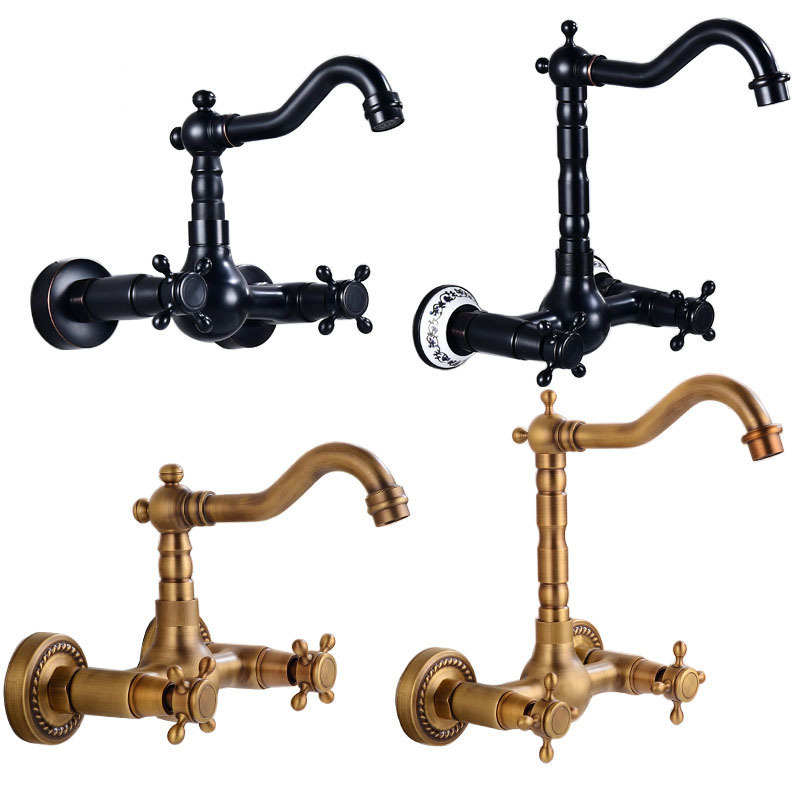 European-Style All-Copper Home Decoration Antique Simple In-Wall Kitchen Faucet Rotatable Kitchen Sink Hot and Cold Faucet