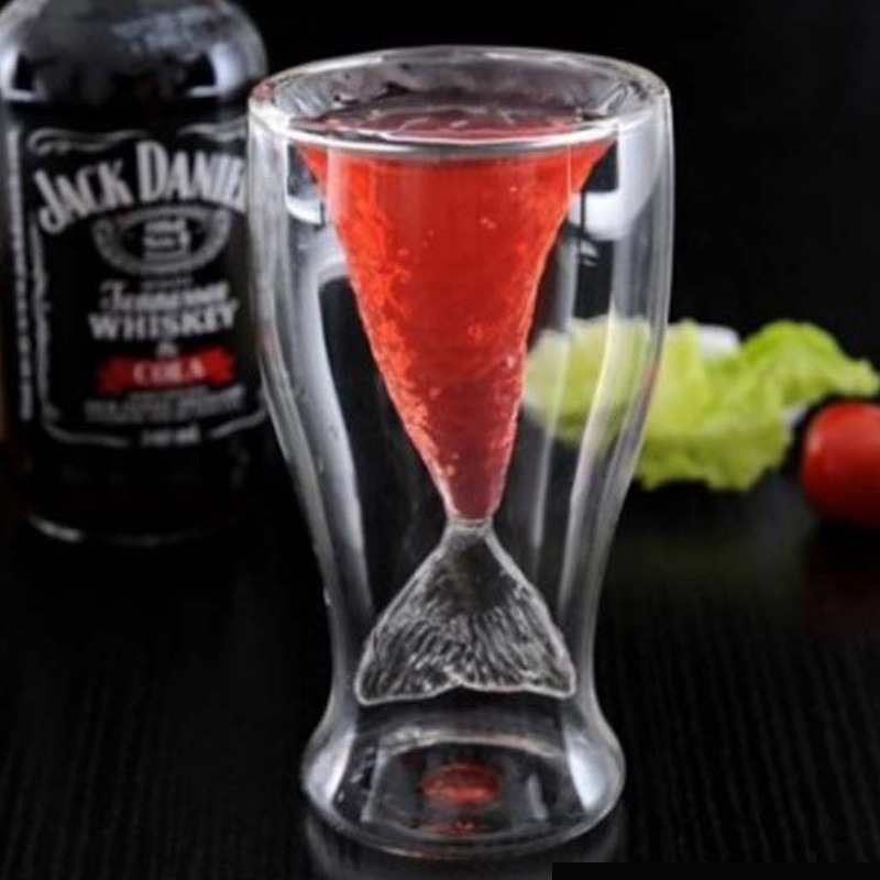 Taza de vidrio creativo resistente a altas temperaturas de alta borosilicona, taza de vino transparente de doble capa, taza de agua de sirena, taza de cola de tiburón