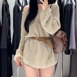 早秋新款防晒镂空罩衫露肩长袖上衣女初秋慵懒风一字肩针织衫