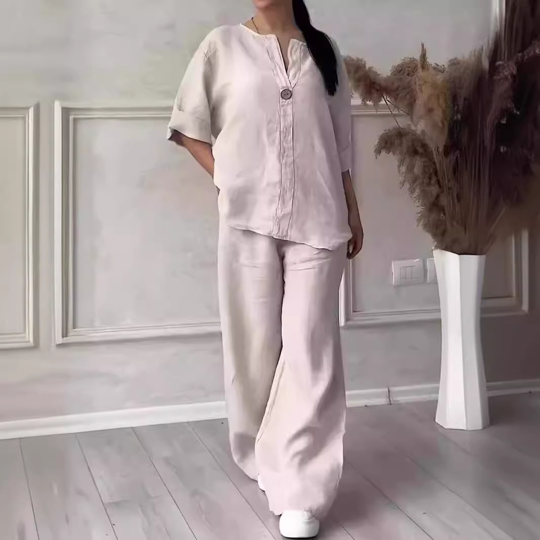 Ensemble décontracté femme en coton et lin avec pantalon large_voghion.com