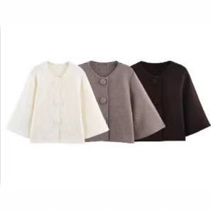Foreign Trade 2026 Spring New Style European and American Fashion Elegant Commuter Style Knitted Short Jacket with Fabric Buttons for Women 6771156